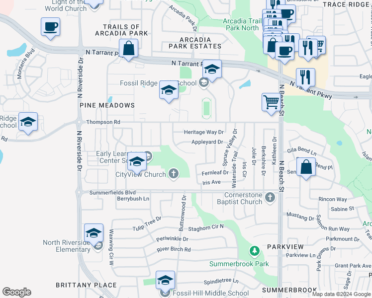 map of restaurants, bars, coffee shops, grocery stores, and more near 4024 Appleyard Drive in Fort Worth