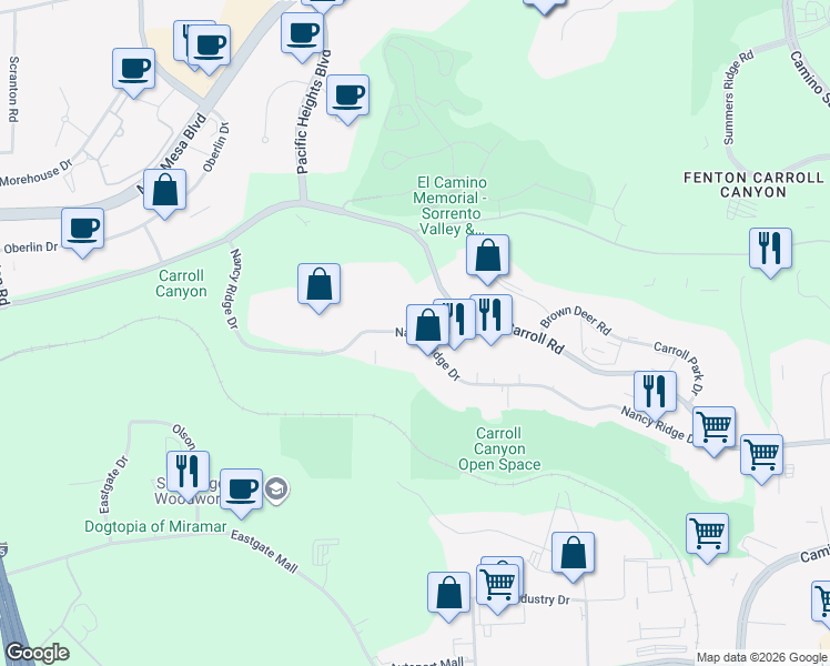 map of restaurants, bars, coffee shops, grocery stores, and more near 6154 Nancy Ridge Drive in San Diego