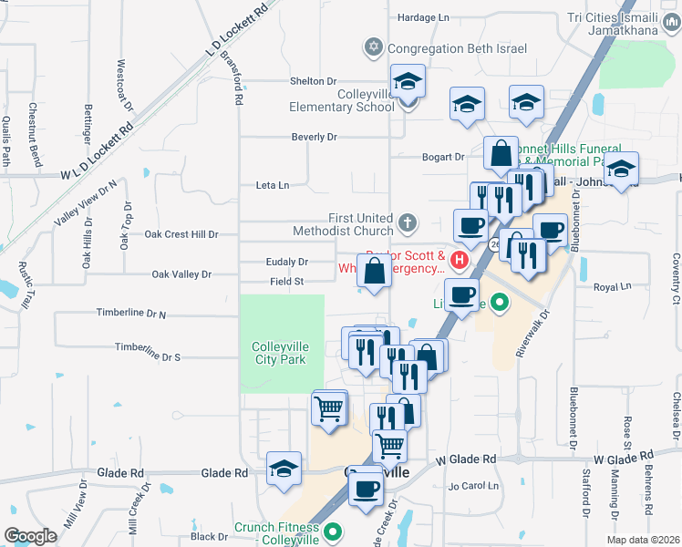 map of restaurants, bars, coffee shops, grocery stores, and more near 5412 South Drive in Colleyville