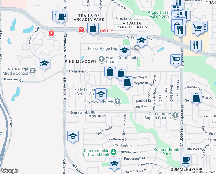 map of restaurants, bars, coffee shops, grocery stores, and more near 3954 Malibu Sun Drive in Fort Worth