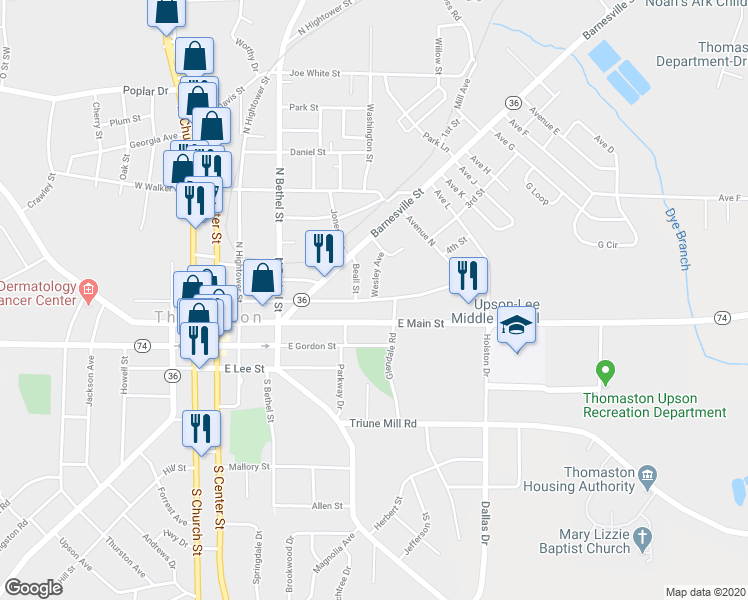 map of restaurants, bars, coffee shops, grocery stores, and more near 505 East Thompson Street in Thomaston
