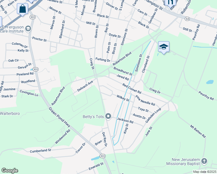 map of restaurants, bars, coffee shops, grocery stores, and more near 113 Madison Street in Walterboro