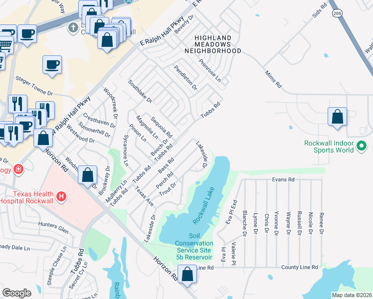 map of restaurants, bars, coffee shops, grocery stores, and more near 561 Bass Road in Rockwall
