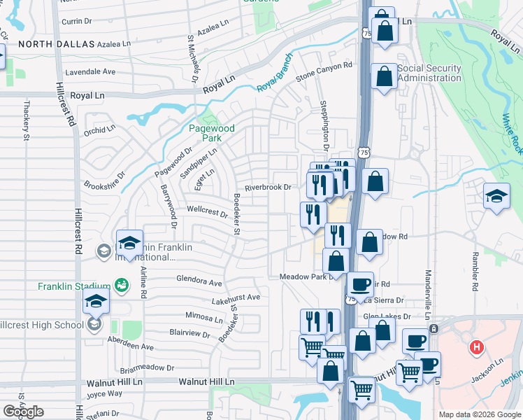 map of restaurants, bars, coffee shops, grocery stores, and more near 7614 Woodthrush Drive in Dallas