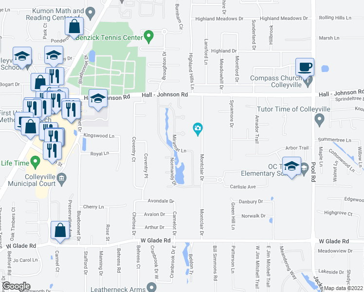 map of restaurants, bars, coffee shops, grocery stores, and more near 5413 Miramar Ln in Colleyville