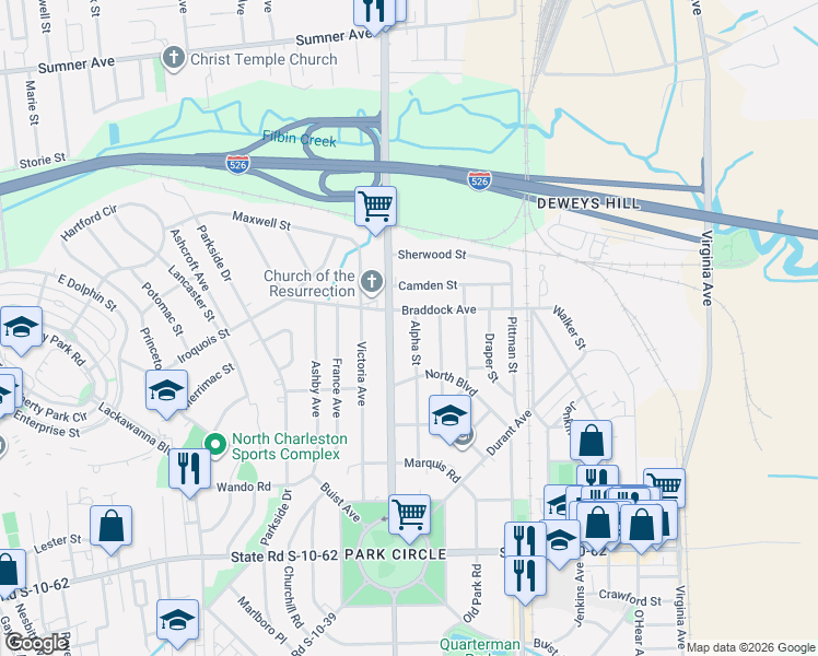 map of restaurants, bars, coffee shops, grocery stores, and more near 5043 Alpha Street in North Charleston