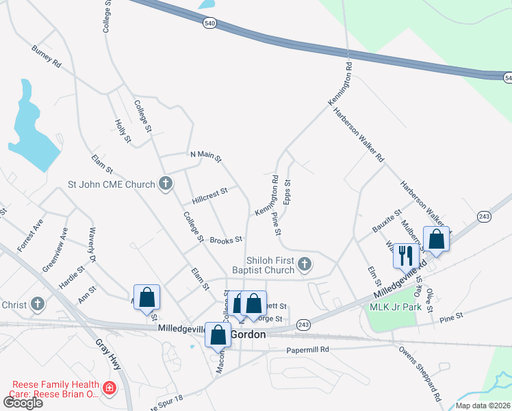 map of restaurants, bars, coffee shops, grocery stores, and more near 154 North Main Street in Gordon