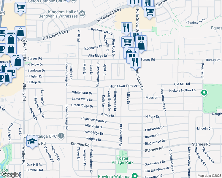 map of restaurants, bars, coffee shops, grocery stores, and more near 8041 Berrybrook Drive in Watauga