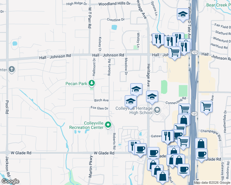 map of restaurants, bars, coffee shops, grocery stores, and more near 3149 Fox Run Drive in Grapevine
