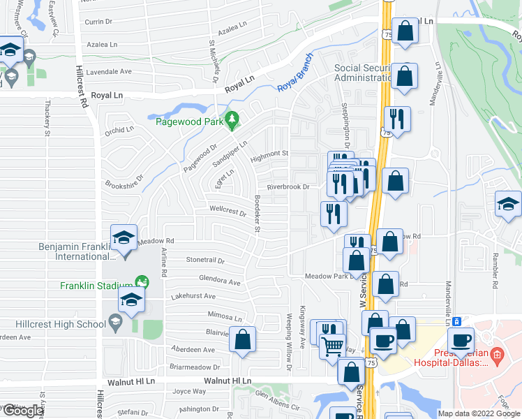 map of restaurants, bars, coffee shops, grocery stores, and more near 7502 Woodthrush Drive in Dallas