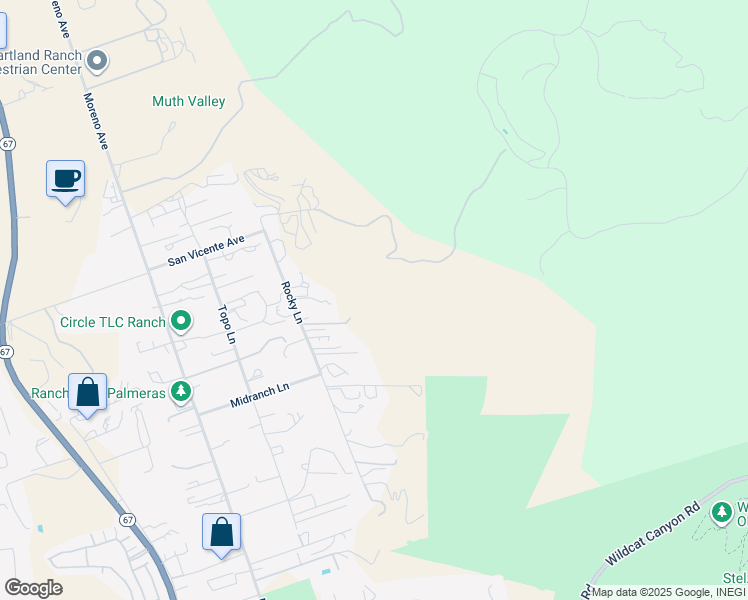 map of restaurants, bars, coffee shops, grocery stores, and more near 11535 Rocky Lane in Lakeside