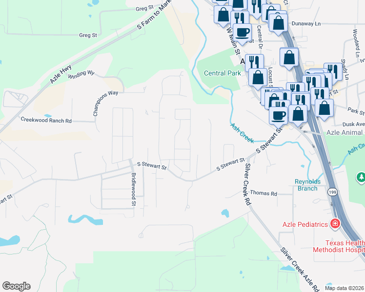 map of restaurants, bars, coffee shops, grocery stores, and more near 117 Conwell Drive in Azle