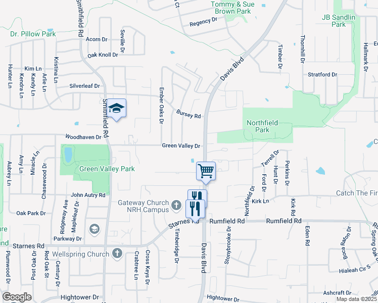map of restaurants, bars, coffee shops, grocery stores, and more near 8104 Green Valley Drive in Fort Worth