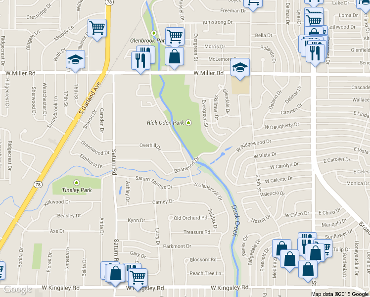 map of restaurants, bars, coffee shops, grocery stores, and more near 2402 South Glenbrook Drive in Garland