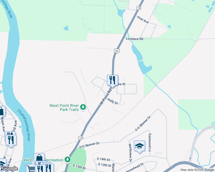 map of restaurants, bars, coffee shops, grocery stores, and more near 1806 U.S. 29 in West Point
