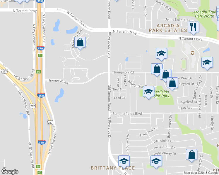 map of restaurants, bars, coffee shops, grocery stores, and more near 6525 Old Denton Road in Fort Worth