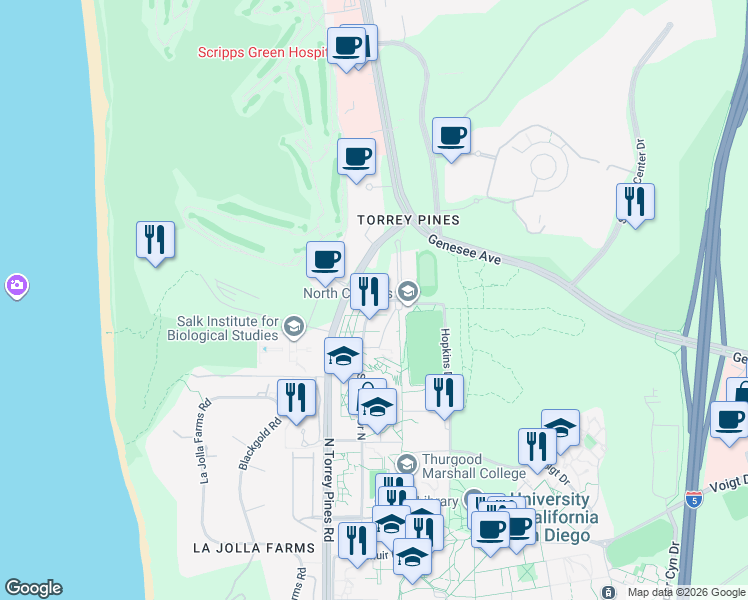map of restaurants, bars, coffee shops, grocery stores, and more near 2 John Jay Hopkins Drive in San Diego