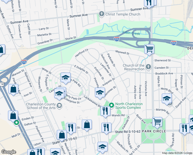 map of restaurants, bars, coffee shops, grocery stores, and more near 46003 Princeton Street in North Charleston