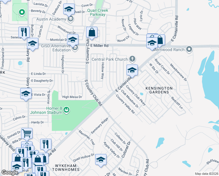 map of restaurants, bars, coffee shops, grocery stores, and more near 2509 Country Valley Road in Garland