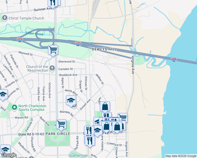 map of restaurants, bars, coffee shops, grocery stores, and more near 5061 Walker Street in North Charleston