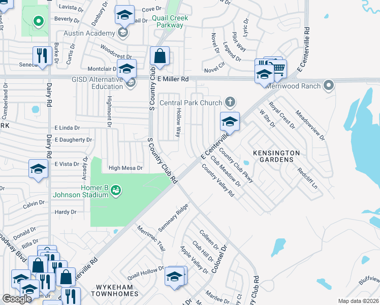 map of restaurants, bars, coffee shops, grocery stores, and more near 2509 Country Valley Road in Garland
