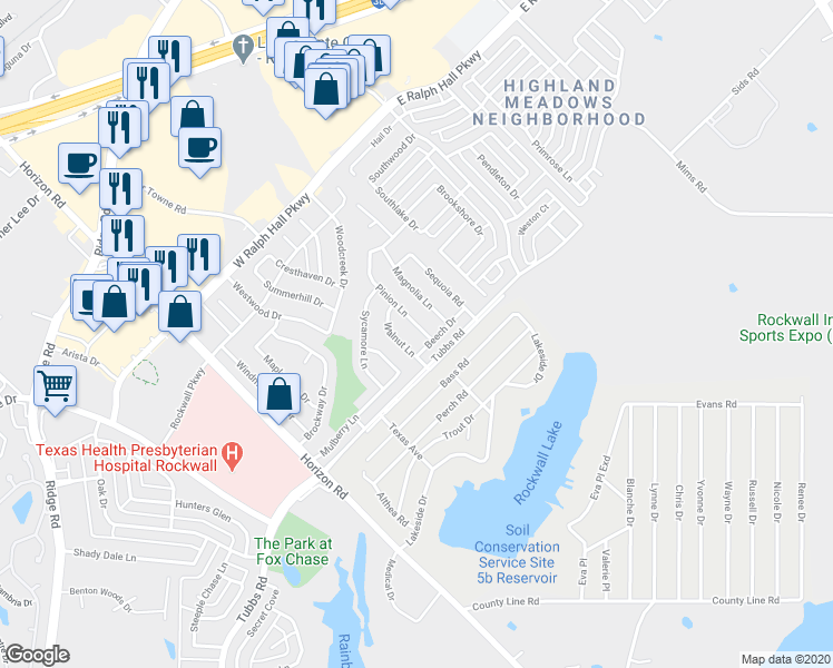 map of restaurants, bars, coffee shops, grocery stores, and more near 117 Pinion Lane in Rockwall