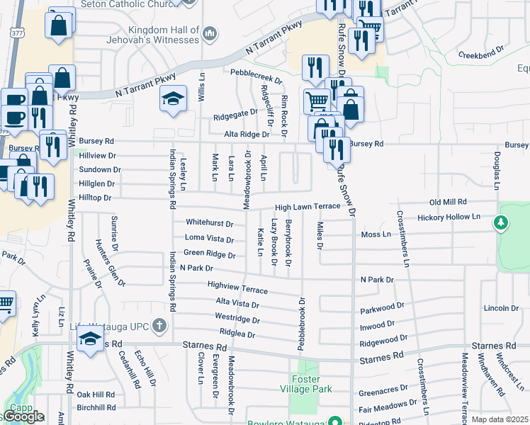 map of restaurants, bars, coffee shops, grocery stores, and more near 8036 Katie Lane in Watauga