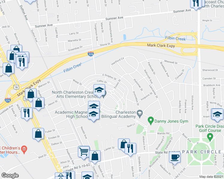 map of restaurants, bars, coffee shops, grocery stores, and more near 5145 East Liberty Park Circle in North Charleston
