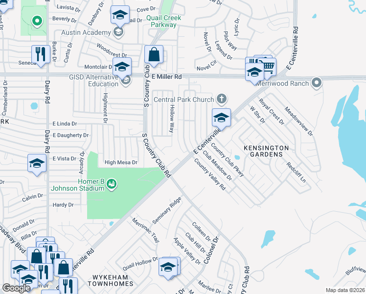 map of restaurants, bars, coffee shops, grocery stores, and more near 2509 Country Valley Road in Garland