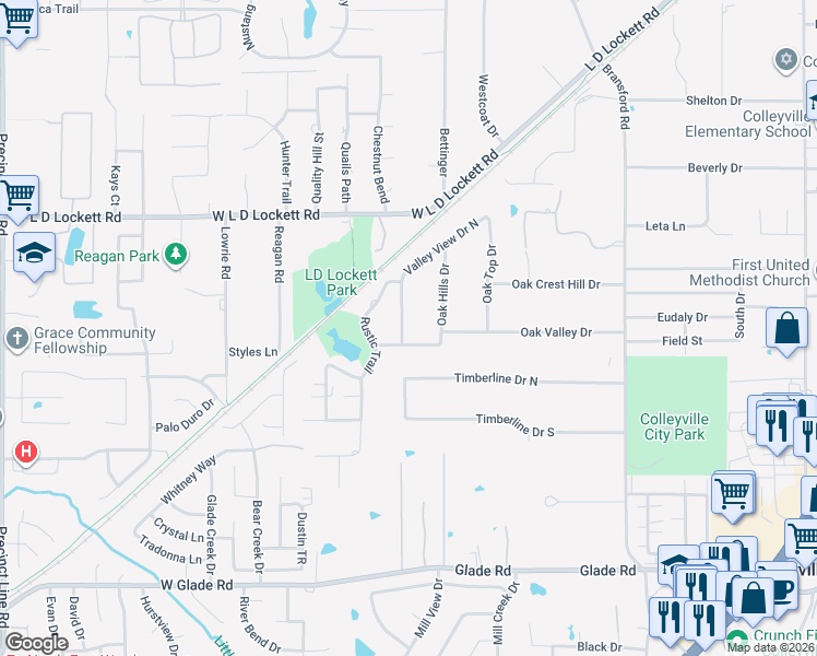 map of restaurants, bars, coffee shops, grocery stores, and more near 5500 Valley View Drive West in Colleyville