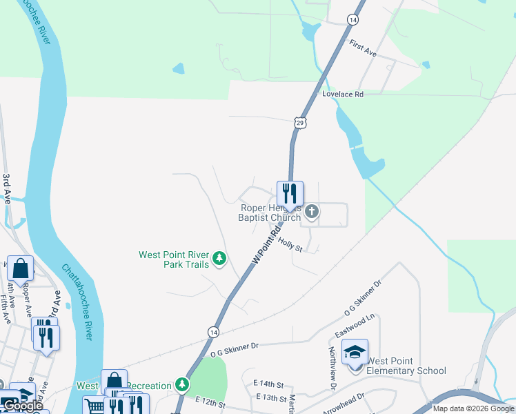 map of restaurants, bars, coffee shops, grocery stores, and more near 1801 Malco Drive in West Point