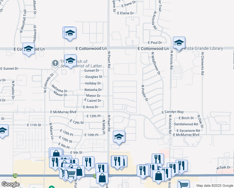 map of restaurants, bars, coffee shops, grocery stores, and more near 1535 East Brenda Drive in Casa Grande