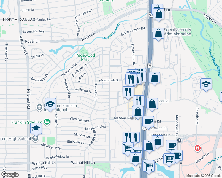 map of restaurants, bars, coffee shops, grocery stores, and more near 7614 Woodthrush Drive in Dallas