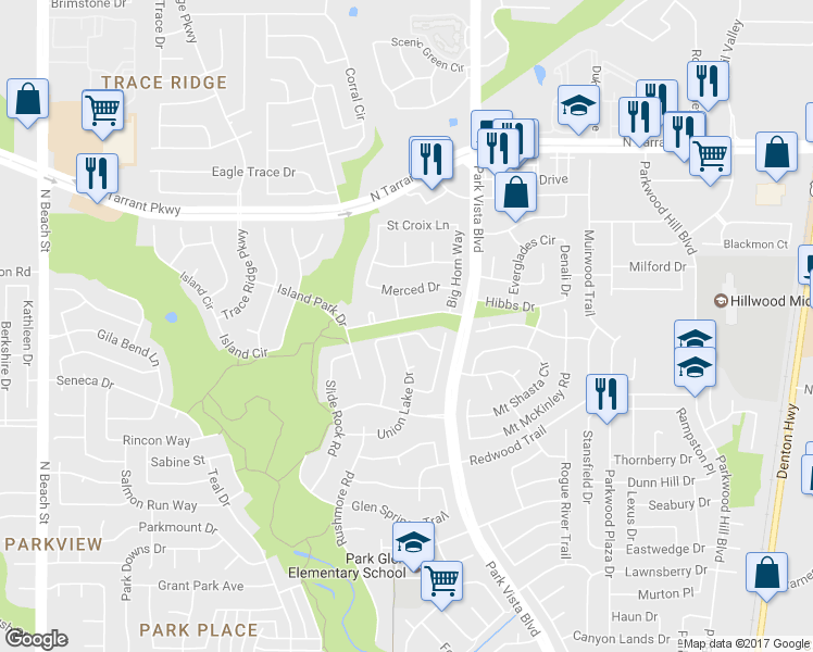 map of restaurants, bars, coffee shops, grocery stores, and more near 5000 Ash River Road in Fort Worth