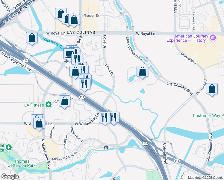 map of restaurants, bars, coffee shops, grocery stores, and more near 6216 Love Drive in Irving