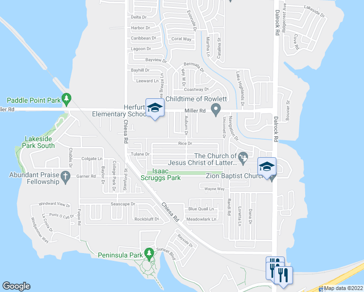 map of restaurants, bars, coffee shops, grocery stores, and more near 7804 Rice Drive in Rowlett