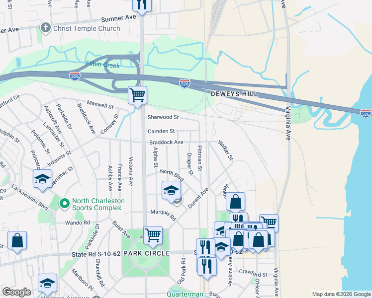 map of restaurants, bars, coffee shops, grocery stores, and more near 5093 Draper St in North Charleston