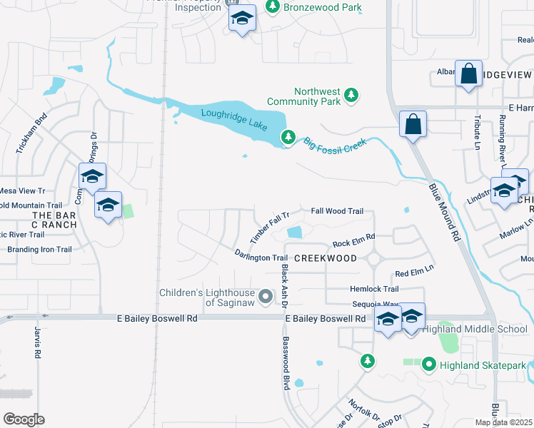 map of restaurants, bars, coffee shops, grocery stores, and more near 404 Timber Fall Court in Fort Worth