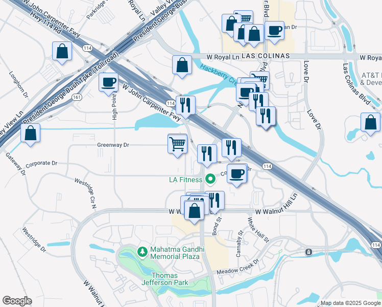 map of restaurants, bars, coffee shops, grocery stores, and more near 5605 North MacArthur Boulevard in Irving