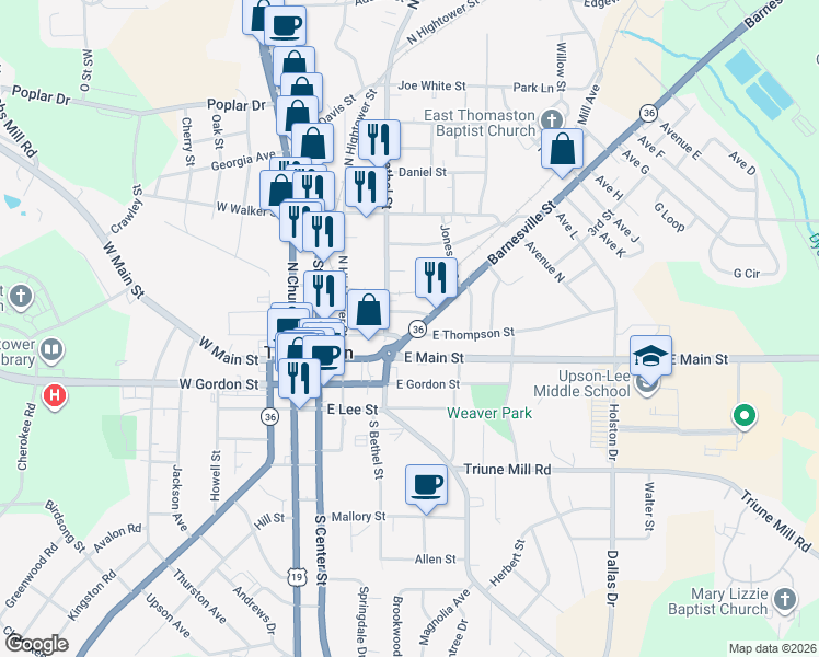 map of restaurants, bars, coffee shops, grocery stores, and more near 201 Barnesville Street in Thomaston