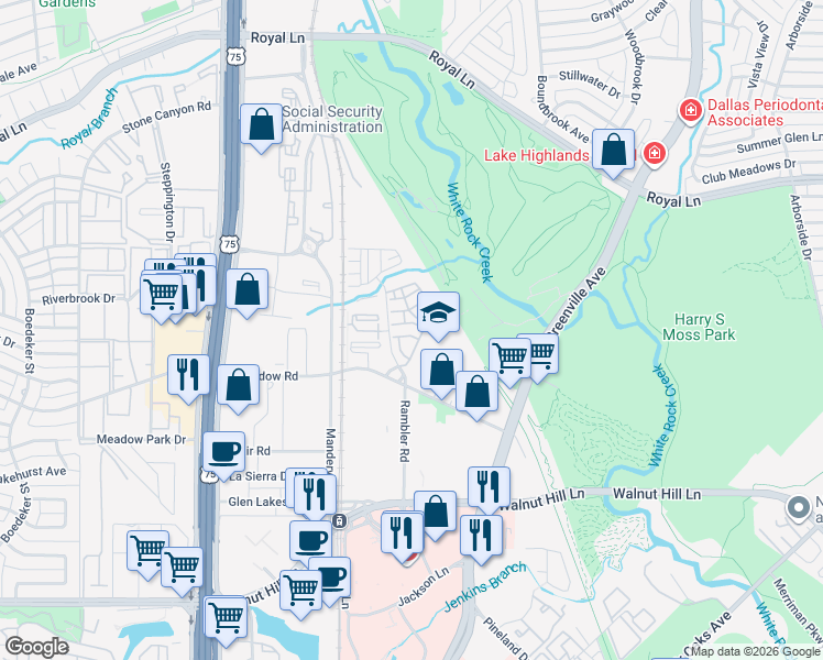 map of restaurants, bars, coffee shops, grocery stores, and more near 7907 Minglewood Lane in Dallas