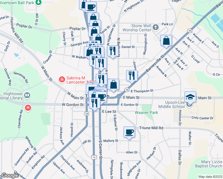 map of restaurants, bars, coffee shops, grocery stores, and more near 207 East Thompson Street in Thomaston