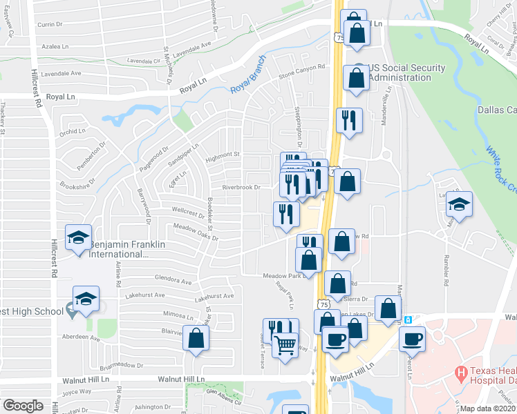 map of restaurants, bars, coffee shops, grocery stores, and more near 10530 High Hollows Drive in Dallas