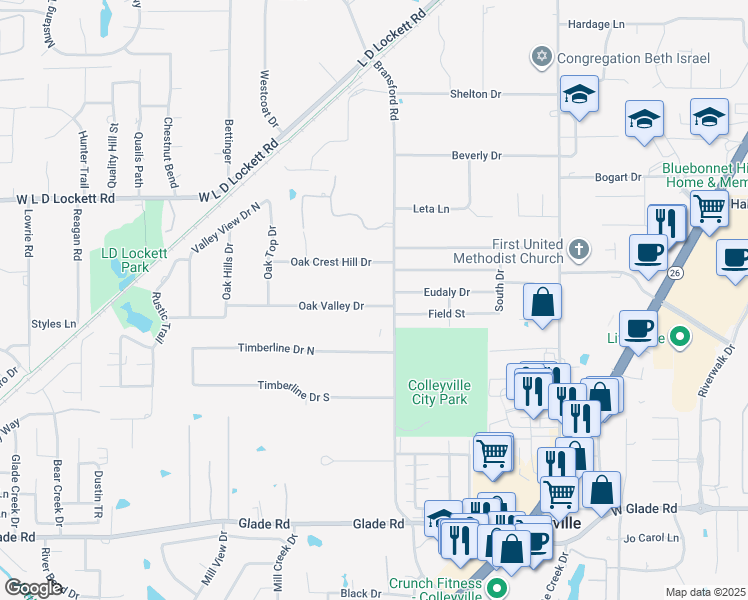 map of restaurants, bars, coffee shops, grocery stores, and more near 316 Oak Valley Drive in Colleyville