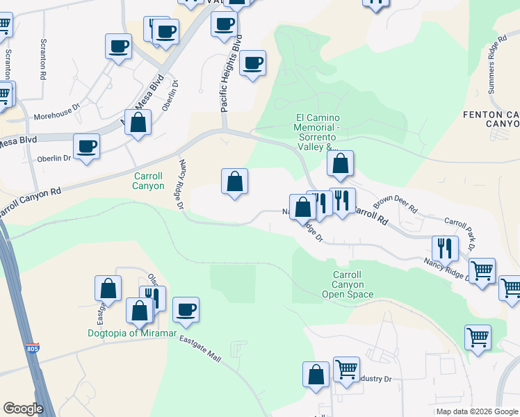 map of restaurants, bars, coffee shops, grocery stores, and more near 6110 Nancy Ridge Drive in San Diego