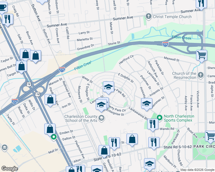 map of restaurants, bars, coffee shops, grocery stores, and more near 5094 East Liberty Park Circle in North Charleston