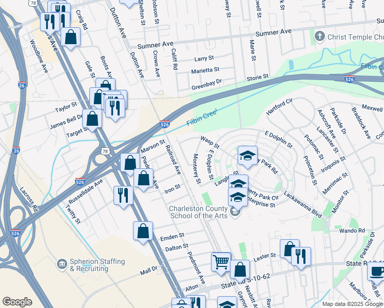 map of restaurants, bars, coffee shops, grocery stores, and more near 5160 Monterey Street in North Charleston