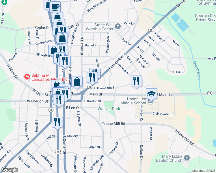 map of restaurants, bars, coffee shops, grocery stores, and more near 505 East Thompson Street in Thomaston