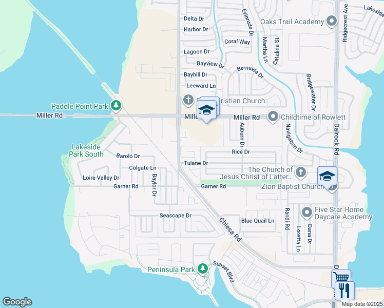 map of restaurants, bars, coffee shops, grocery stores, and more near 7400 Rutgers Circle in Rowlett
