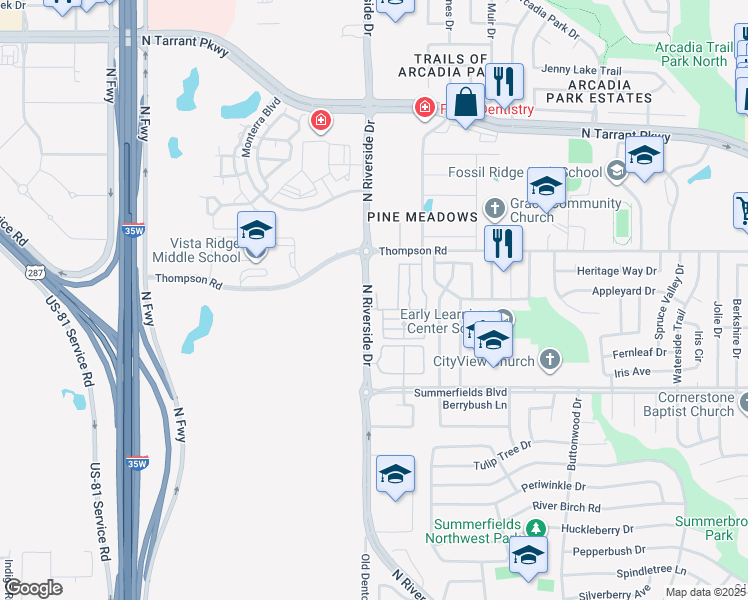 map of restaurants, bars, coffee shops, grocery stores, and more near 8100 Lead Circle in Fort Worth